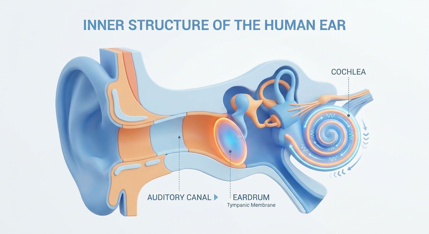 A modern clean 3D flat infographic showing the detailed inner structure of the human ear including the auditory canal ea