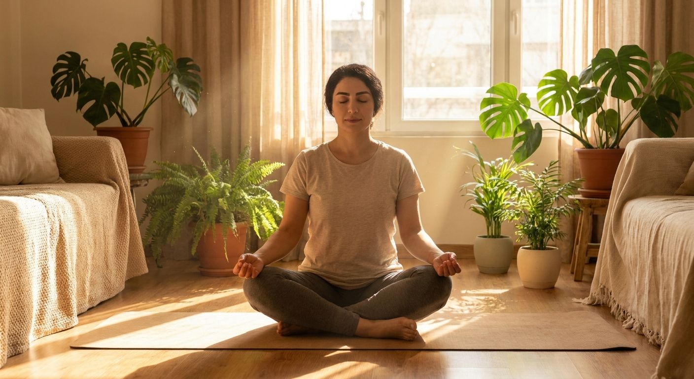 A photorealistic aesthetic image of a Persian woman doing gentle yoga meditation in a peaceful room with indoor plants a